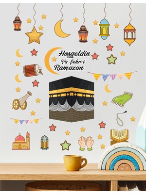 Obibaskı Hoşgeldin Ramazan Renkli Fener Sarkıt Cam Duvar Dekorasyon Sticker Seti