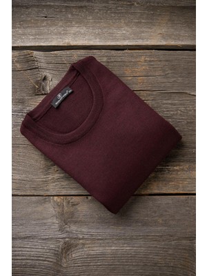 Bordo Renkli Woolen World Bisiklet Yaka Erkek Yünlü Triko Kazak Klasik Tarz