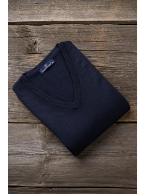 Woolen World V Yaka Erkek Yünlü Triko Kazak Battal (Büyük Boy) Düz Desen Klasik Stil