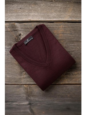 Woolen World V Yaka Bordo Renkli Yünlü Triko Kazak Erkek Rahat Kesim Klasik Stil