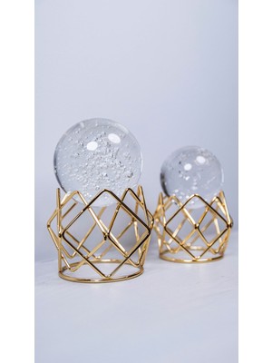 2'li Örgü Metal Küre Gold, 2’li Metal Ayaklı Cam Küre Takım Sehpa Masa Konsol Dekoratif Obje Biblo