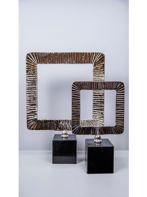 2'li Çizgili Kare Çerçeve Dekor Gümüş, 2’li Mermer Ayaklı Metal Çerçeve Takım Dekoratif Obje Biblo