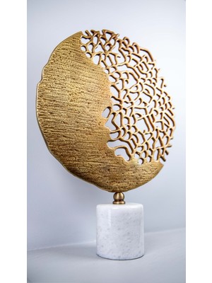 Yuvarlak Mercan Döküm Dekor Eskitme Büyük, Mermer Ayaklı Metal Dekoratif Obje Biblo Süs Eşyası