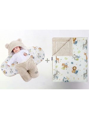 0-4 Ay Bebek Dış Kundak ve Battaniye Seti Wellsoft Bej (Mutlu Hayvanlar Desenli)