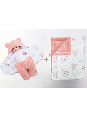 0-4 Ay Bebek Dış Kundak ve Battaniye Seti Wellsoft Pembe (Uykucu Tavşan Desenli)