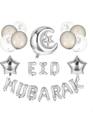 Bkmc Gümüş Eid Mubarek Folyolu Ramazan Set Gümüş Konsept Balon