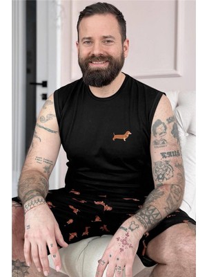 Siyah Dasch Baskılı Sıfır Kol Şortlu Erkek Pijama Takımı