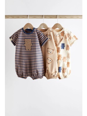 Next Baby %100 Organik Pamuklu Lacivert Ayı Desenli  3’lü Romper Set ALY00773