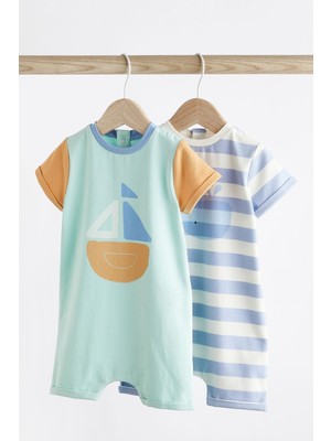 Next Baby Pamuklu Mavi Gemi Desenli 2’li Romper Set