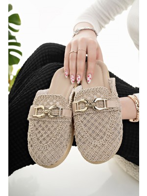 Moda Fırsat Kadın Günlük Terlik Bej Örgü Hasır Örme Şık Yazlık Ev Plaj Tatil Iş Ofis Terliği