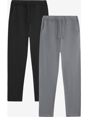 elemge %100 Pamuk 2'li Takım Süprem Erkek Pijama Altı Rahat Kalıp Cepli Ipli Terletmez Esnek Siyah-Gri Alt