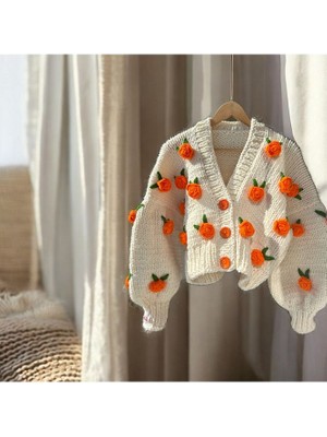 El Örgüsü Gül Detayli El Örgüsü  Beyaz Kadın Hırka, Çiçekli Hırka,trend Hırka