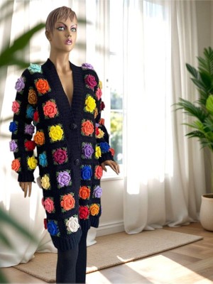 El Örgüsü ThreadArtByNur Motifli Uzun Kadın Hırka Tığ Işi Crochet El Örgüsü Hırka