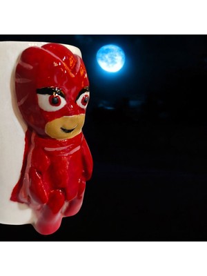 Boni Bon Collection Design 3D Kabartma El Emeği Göz Nuru Pijamaskeliler Baykuş Kız Kırmızı Renk Seramik Kupa Bardak 400 Ml Hediye Paketi Yapılır