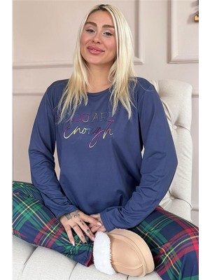 Lacivert Enough Desenli Bambu Uzun Kol Kadın Pijama Takımı