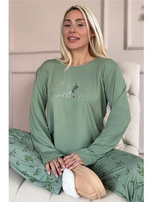 Yeşil Breathe Desenli Bambu Uzun Kol Kadın Pijama Takımı