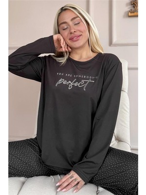 Siyah Perfect Desenli Bambu Uzun Kol Kadın Pijama Takımı