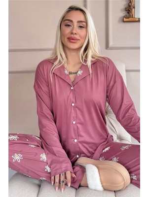 Pijama Evi Pudra Daisy Desenli Bambu Önden Düğmeli Uzun Kol Kadın Pijama Takımı