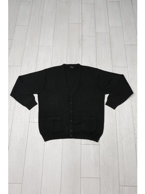 Woolen World Ön Cepli V Yaka Battal (Büyük Boy) Düğmeli Yünlü Triko Hırka