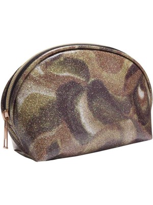 Simli Kapra Eva Pvc Kaplı Kambur Kahverengi Makyaj Çantası
