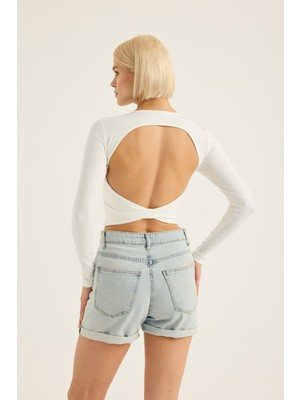 Sırt Dekolteli Uzun Kollu Crop Bluz