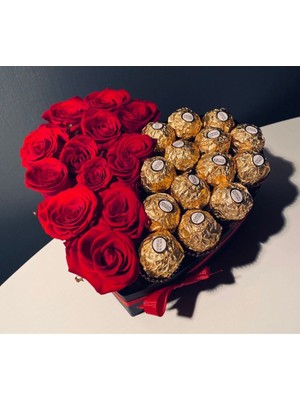 Mirabella Gift Siyah Kalpli Kutuda Ferrero Rocher Çikolata ve Kırmızı Gülden Oluşan Hediye Kutusu Sevgililer Günü , Anneler Günü, Arkadaşa Hediye