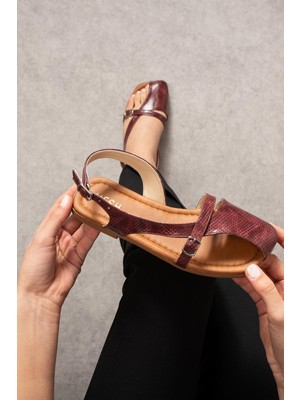 Shoetek Halina Kadın Babetyan Parmak Açıkyılan Desenli Bordo Deri