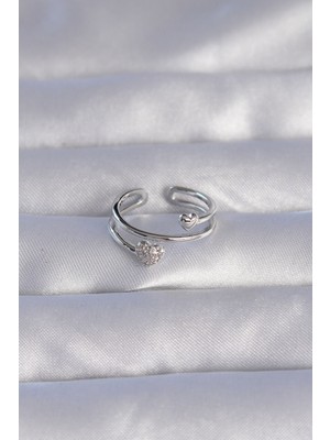 ForWhat Zarif Kadın Için Silver Pirinç Zirkonlu Kalpli Ayarlı Yüzük