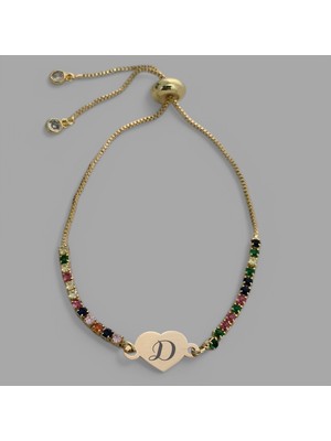 Archin Kalp Motifli Renkli Taşlı ve 14  Ayar Altın Plakalı  Harfe Özel Bileklik
