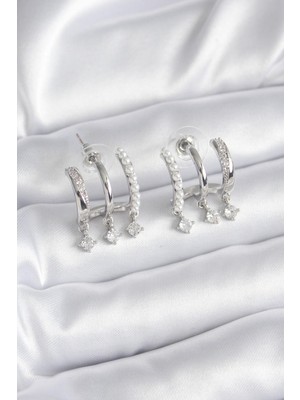 ForWhat Zarif Kadın İçin Silver Pirinç Zirkonlu İncili Küpe