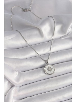 ForWhat Zarif Kadın Için Silver Çelik Zincir Ak Sedef Zirkon Yıldızlı Kolye