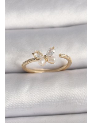 ForWhat Zarif Kadın Için Golden Pirinç Zirkon Kelebek Incili Ayarlı Yüzük