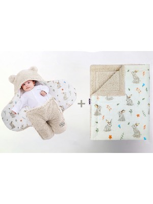 0-4 Ay Bebek Dış Kundak ve Battaniye Seti Wellsoft Bej (Tavşan Desenli)