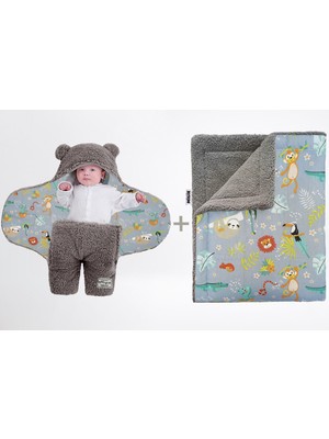 0-4 Ay Bebek Dış Kundak ve Battaniye Seti Wellsoft Gri (Orman Hayvanları Desenli)