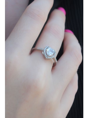 ForWhat Zarif Kadın Için Silver Pirinç Zirkonlu Kalp Charm Yüzük