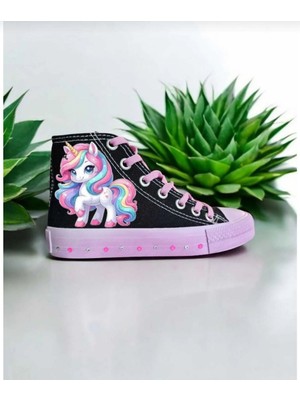 Amazoon Desing Siyah Keten Renkli Taban Parlak Taşlar Detay Beyaz Bony Çocuk Spor Ayakkabı Sneaker