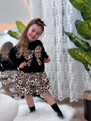 Kız Çocuk Uzun Kollu Leopar Desenli Kışlık Salopet Bayramlık Elbise (3-4-5-6-7-8-9-10 Yaş)