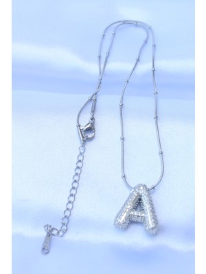 ForWhat Zarif Kadın Için Silver Çelik Zincirli Zirkonlu A Harf Baloncuk Kolye