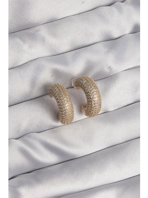 ForWhat Zarif Kadın İçin Golden Pirinç Zirkonlu Yarım Halka Küpe