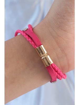 ForWhat Zarif Kadın İçin Pembe Zirkonlu Deri Çoklu Bileklik