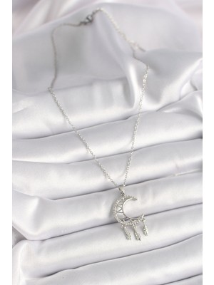 ForWhat Zarif Kadın Için Silver Çelik Zincir Zirkonlu Hilal Yaprak Kolye