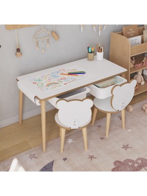 Obi Atölye Resim Kağıdı Rulolu Çocuk Oyun Aktivite Masası 2 Sandalyeli Çekmeceli Çocuk Masası - Panda