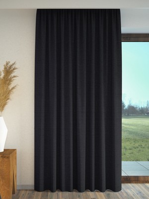 Siyah Renk Keten Dokulu Fon Perde Ekstrafor Büzgülü