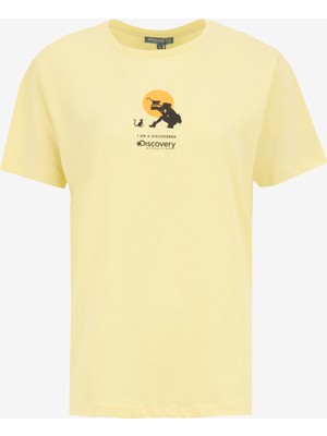 D5SL-TST3521 Sarı Bisiklet Yaka Relaxed Baskılı Kadın T-Shirt