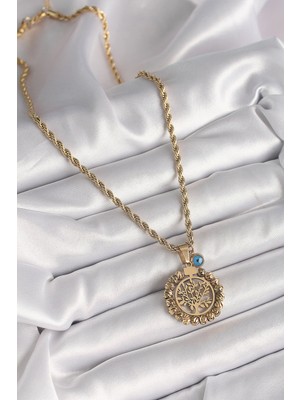 Lisinya 316L Çelik Gold Renk Burgu Zincir Dorika Yaşam Ağacı Figür Nazar Boncuk Detay Kadın Kolye - Lisinya