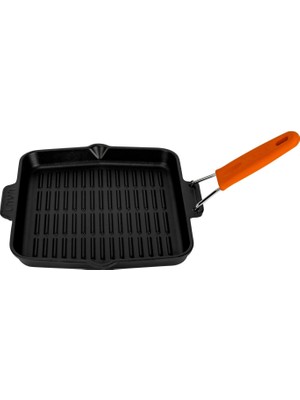 Lava Döküm Demir Kare Sığ Izgara Tavası 24x24cm Silikon Tel Saplı Dayanıklı Yapı