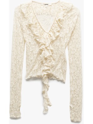 Koton Yarı Transparan Uzun Kollu V Yaka Fırfırlı Dantel Bluz