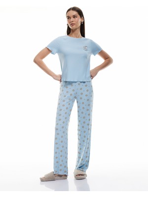 Koton Viskon Kaşkorse Kısa Kollu Bisiklet Yaka Baskılı Pijama Takımı