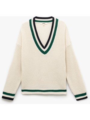 Koton Uzun Kollu V Yaka Çizgili Triko Oversize Kazak