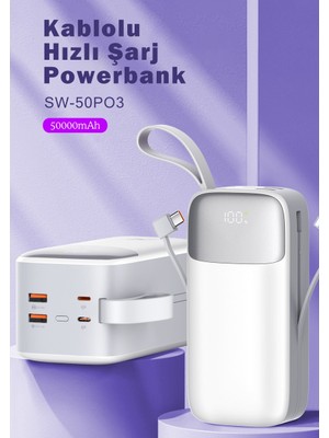 Sword 50000 mAh PD 22.5 W Hızlı Şarj Kendinden Kablolu Type-C & Lightning Powerbank Beyaz SW-50PO3